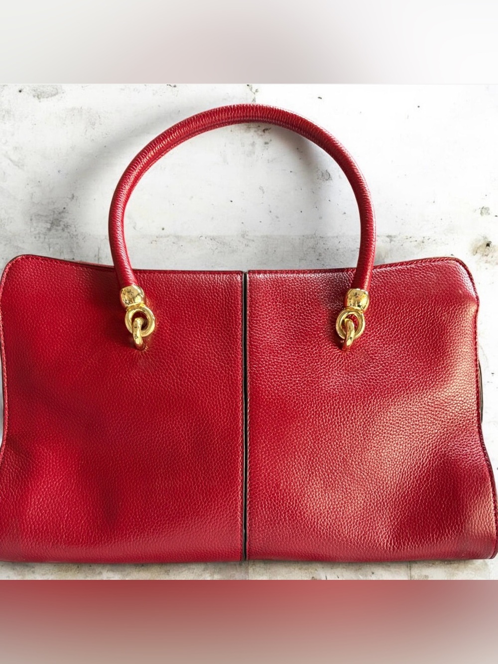 Rich Red Pebbled Leather Structured Tote Bag with Gold Hardware (v)